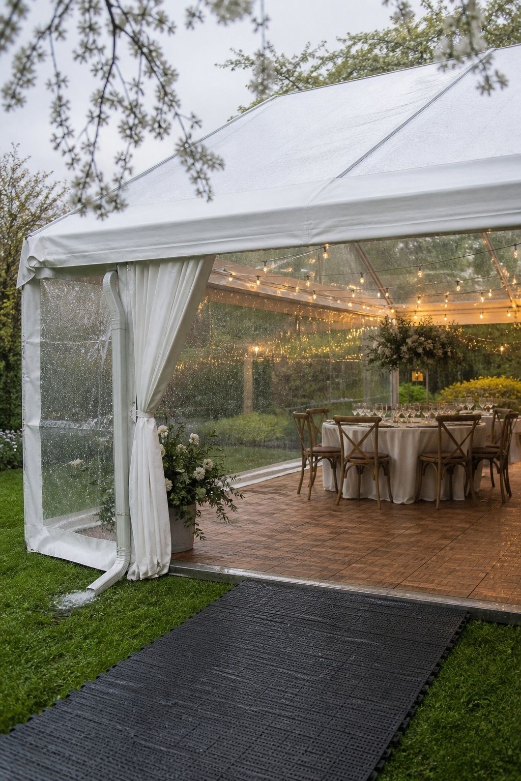 Rain-ready spring wedding tent with clear sidewall, wood floor, dry entrance mat, gutter, and warm lights