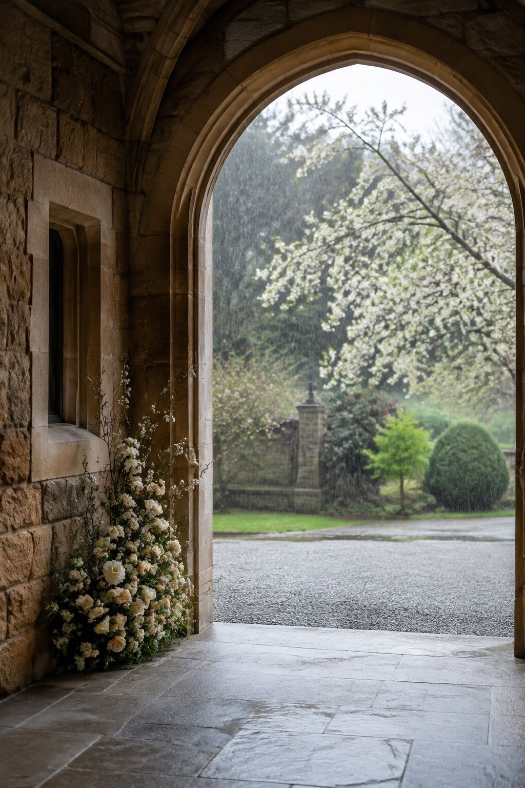 Covered stone veranda selected for spring wedding portraits while rain falls over the garden