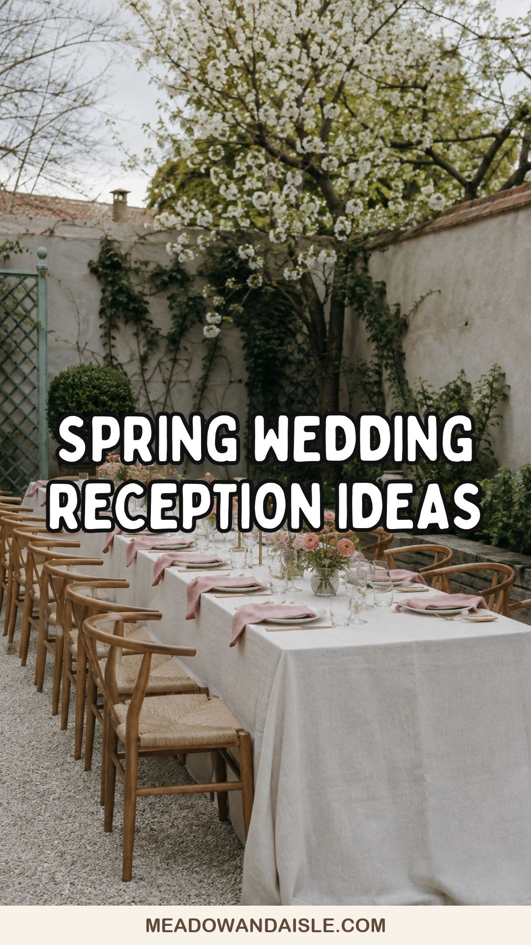 Spring wedding reception ideas pin with a long garden dinner table