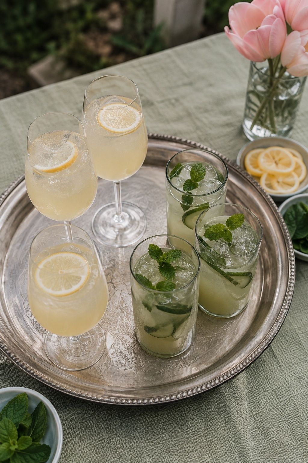 Close angled overhead tray of lemon spritzes and cucumber mint coolers with citrus and fresh herbs