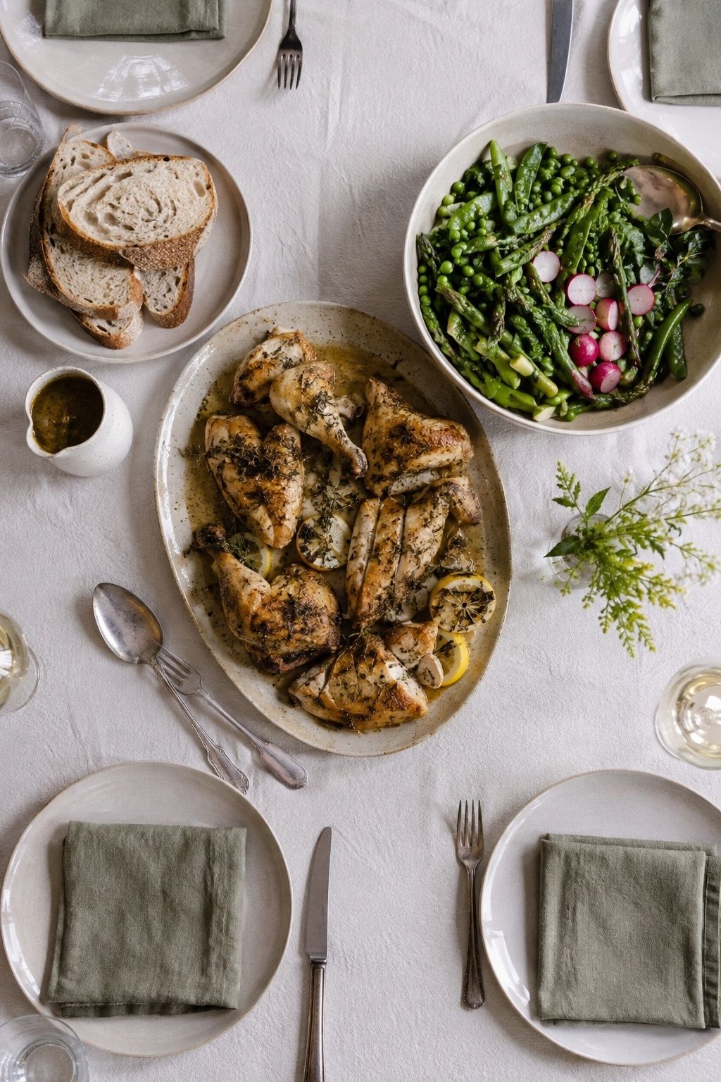 Overhead family-style chicken, spring greens, bread and sauce on generously spaced linen table