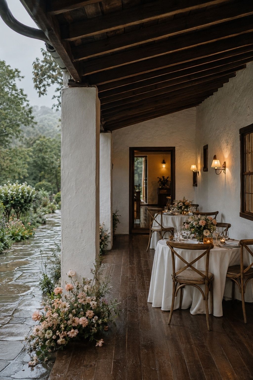 Wide view of covered cottage veranda dining, timber floor, rain outside and clear route indoors