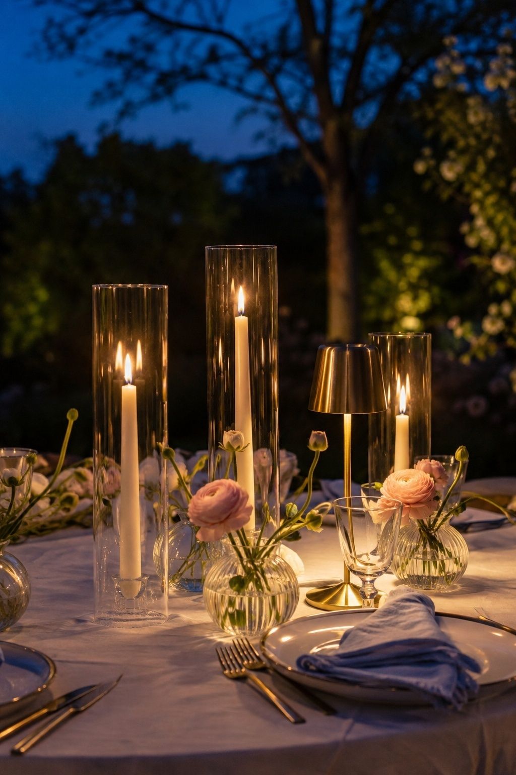 Medium side view of enclosed candles, warm brass lamp, low spring flowers and blue linen at blue hour