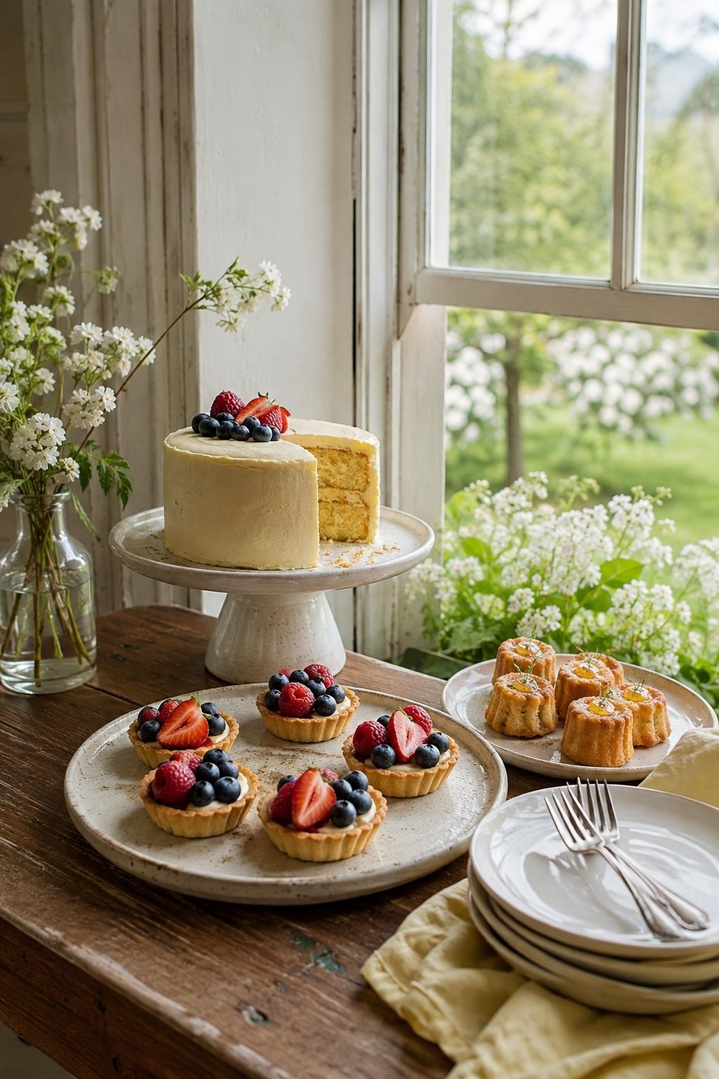 Three-quarter view of small lemon cake, berry tartlets and honey cakes beside a cottage window