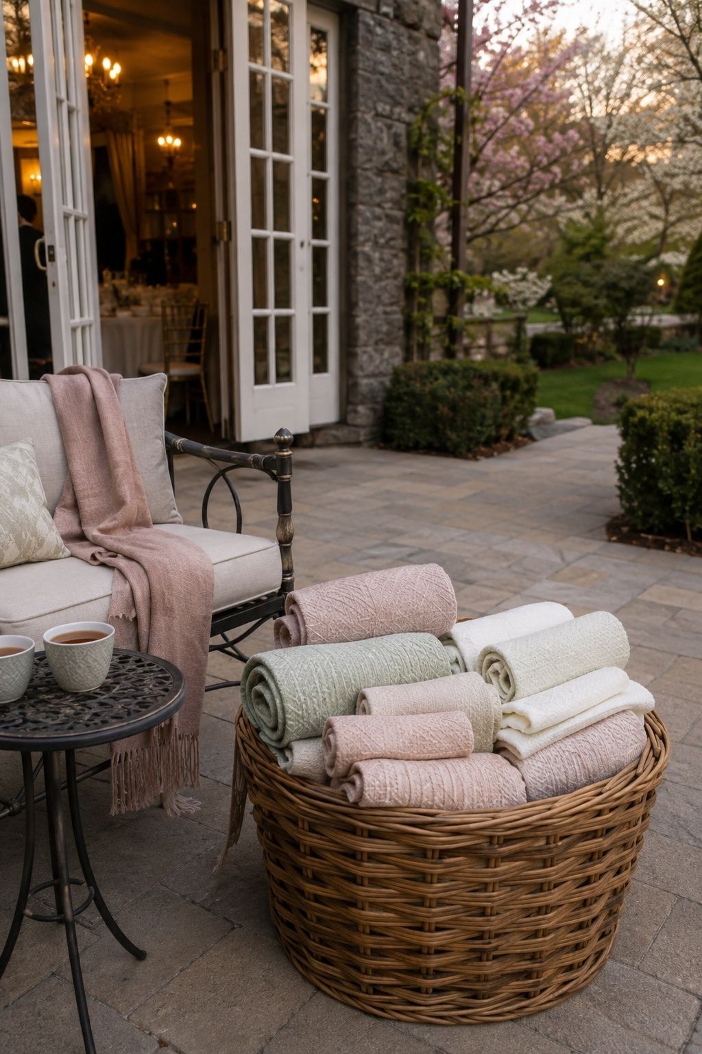 Low three-quarter view of basket of soft spring-tone blankets next to terrace lounge and tea cups