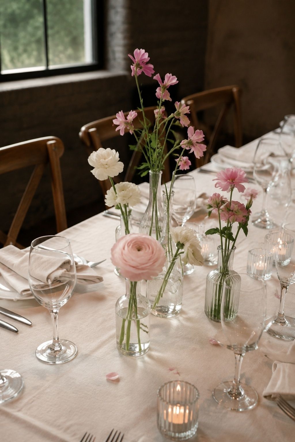 Matching clear glass bud vases with pink and white spring flowers