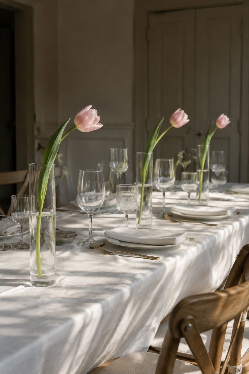 Single pink tulips in spaced clear glass vases