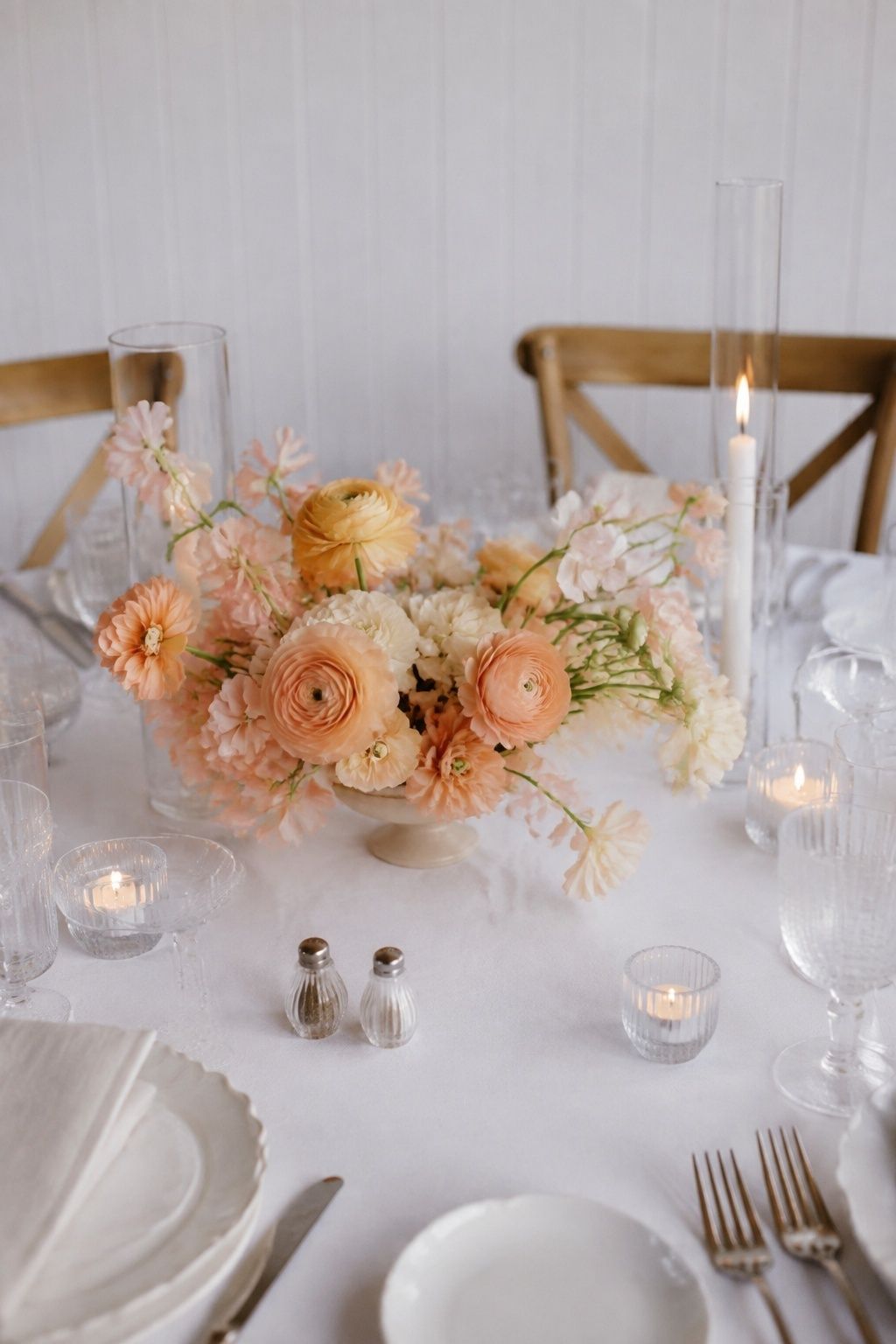 Peach spring flowers in a low ceramic compote