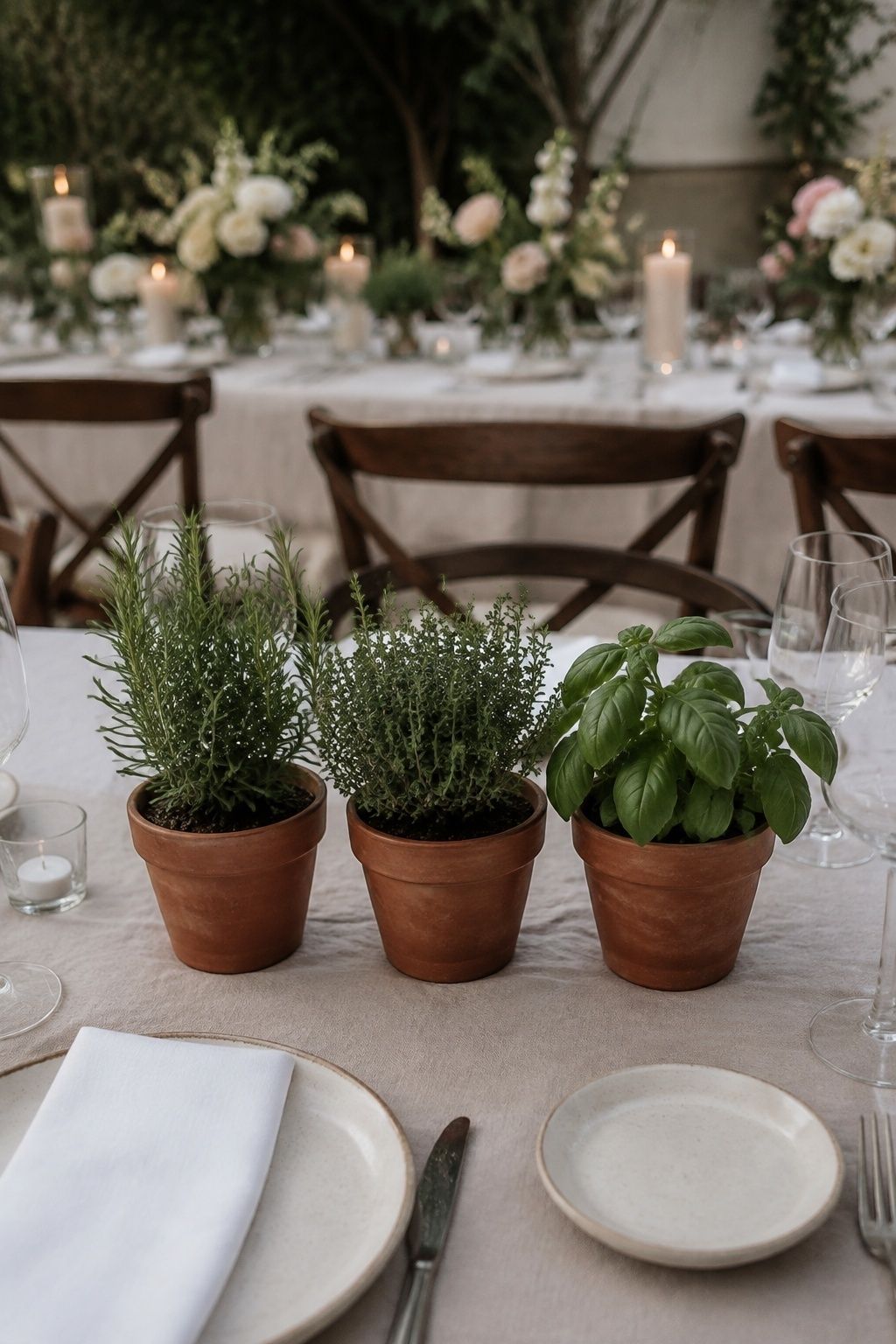 Small terracotta pots of herbs on a wedding table