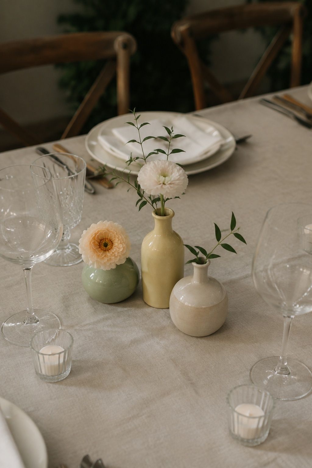 Muted pastel bud vases with simple spring stems