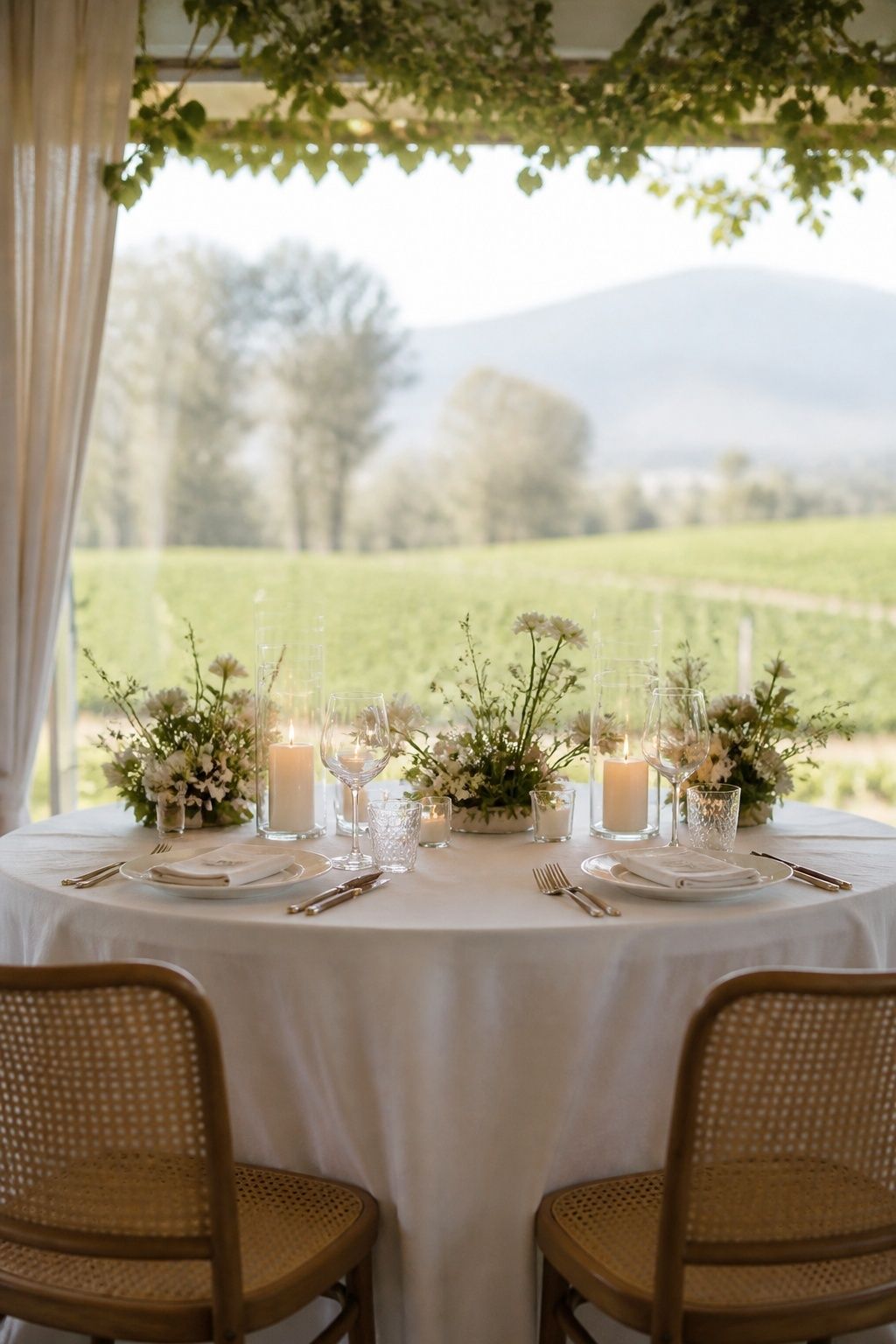 Low centerpieces with clear sightlines across a round wedding table