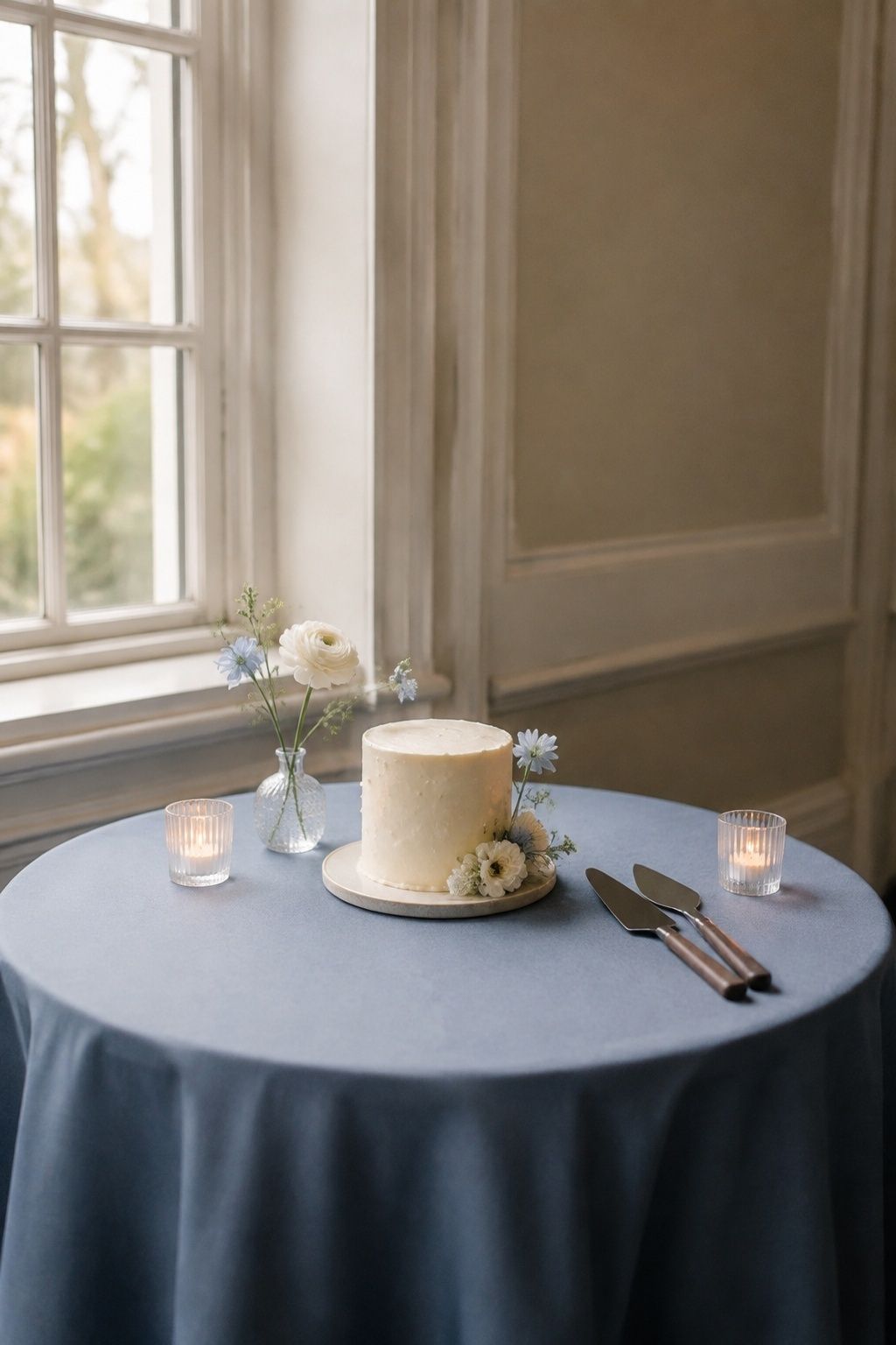 Small white wedding cake with blue linen and two votives