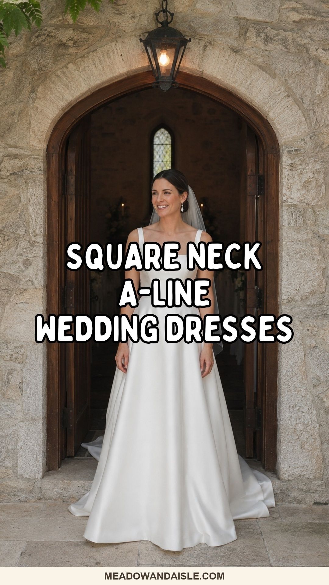 Square neck A-line wedding dress ideas Pinterest pin with a satin bridal gown