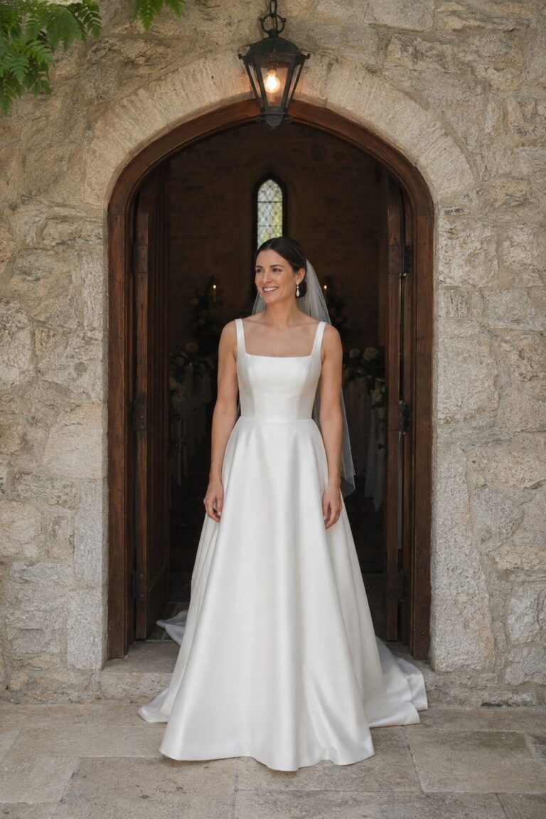 Bride wearing a minimal satin square-neck A-line gown at a stone chapel entrance