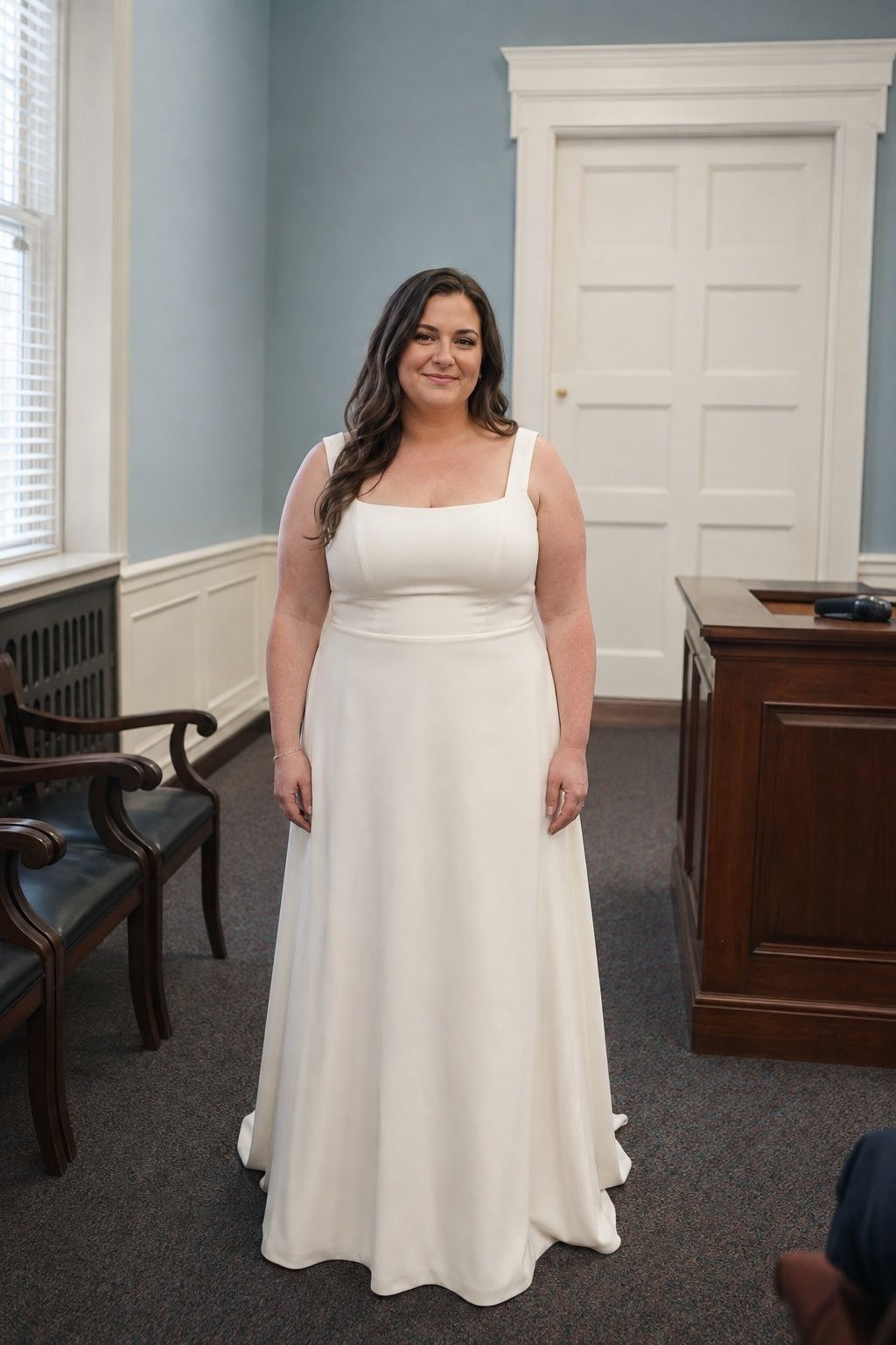 Wide flat straps framing a square-neck A-line bridal gown in a courthouse