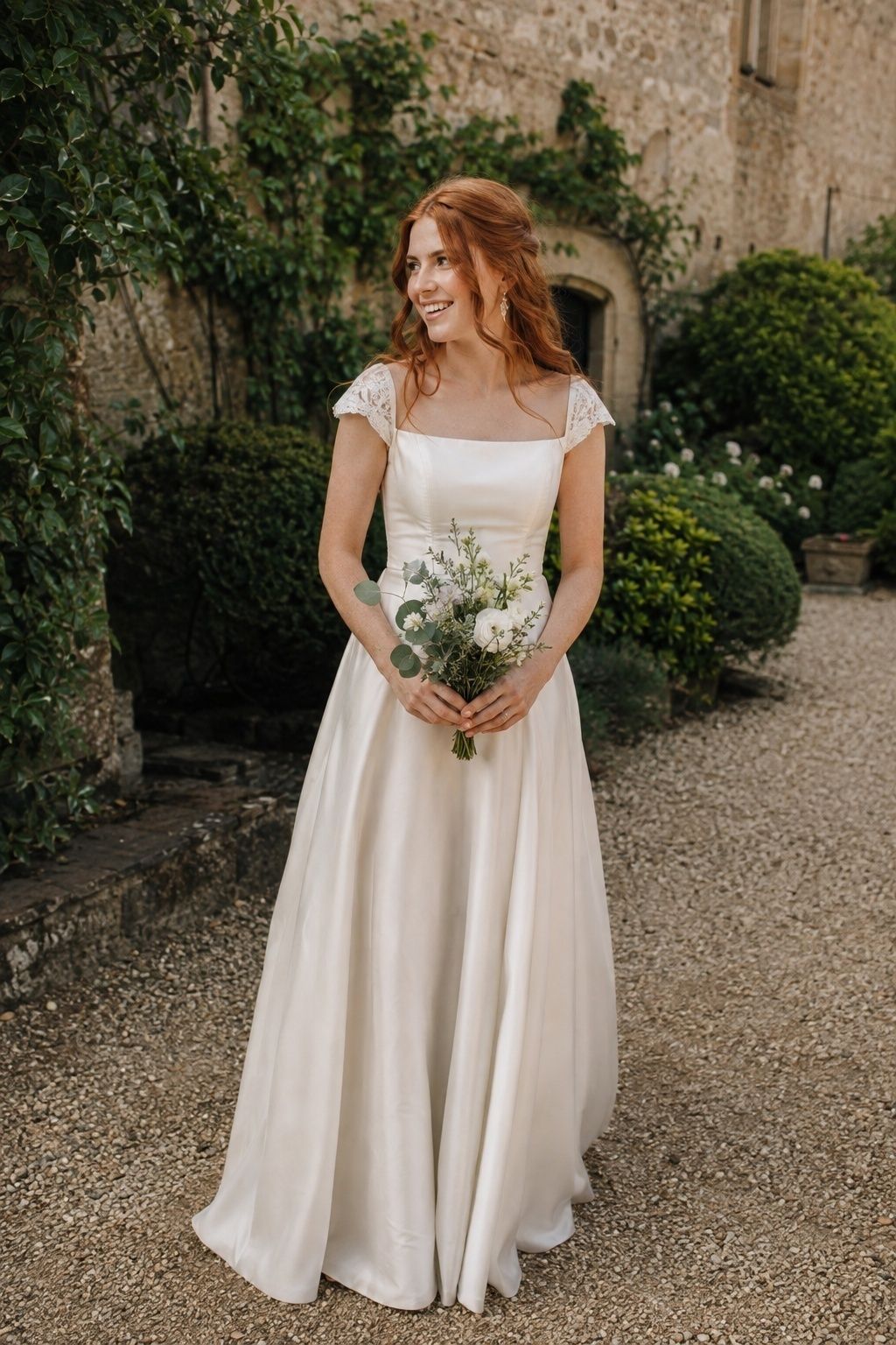 Lace cap sleeves on a square-neck A-line gown with a small bridal bouquet