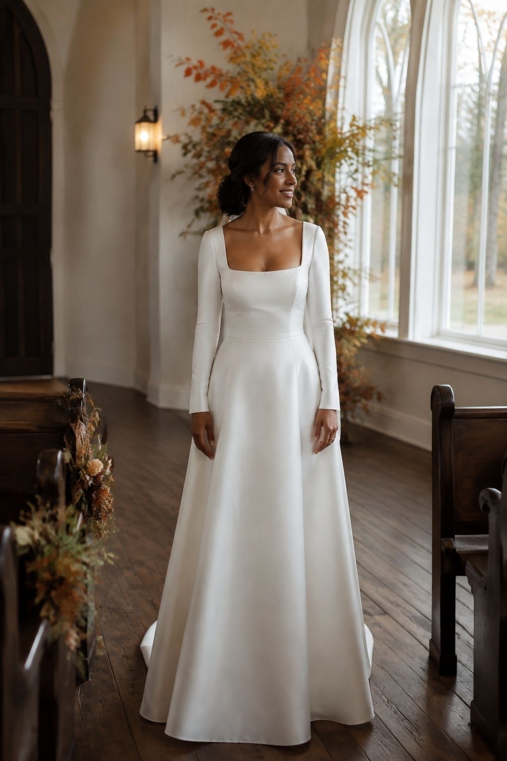 Bride in a long-sleeve square-neck A-line gown beside an autumn chapel window