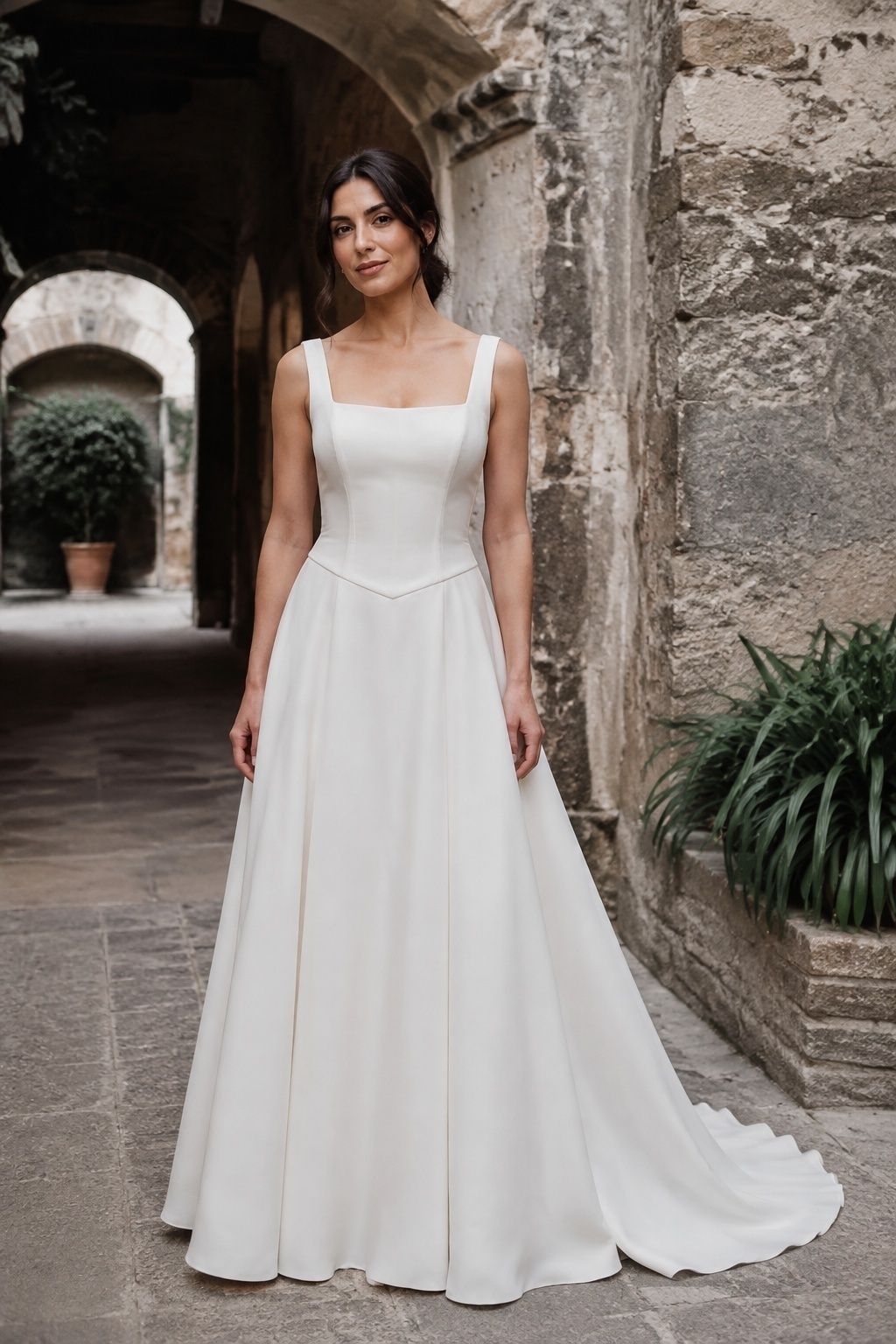 Subtle pointed basque waist on an ivory square-neck A-line wedding dress