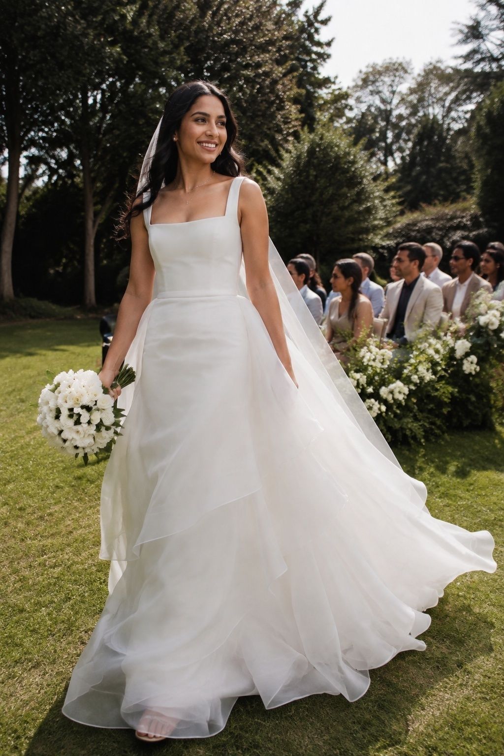 Airy organza A-line skirt with a structured square-neck bridal bodice outdoors