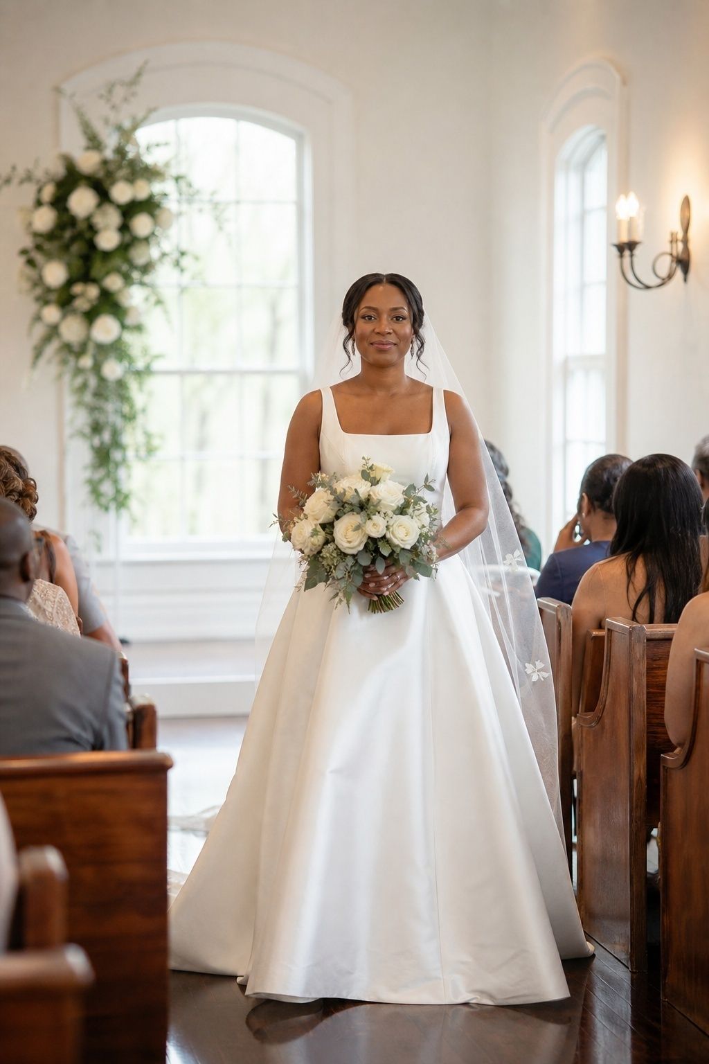 Bride wearing a crisp Mikado square-neck A-line gown in a bright chapel
