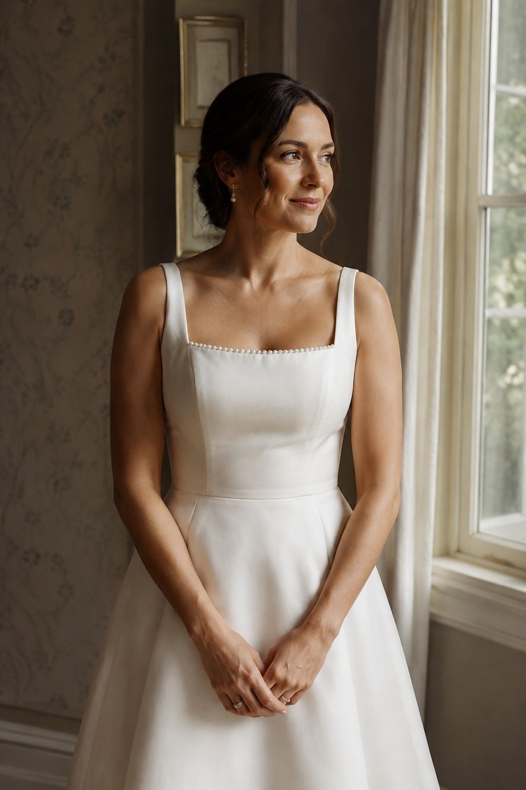 Fine pearl trim tracing a square neckline on an ivory bridal gown