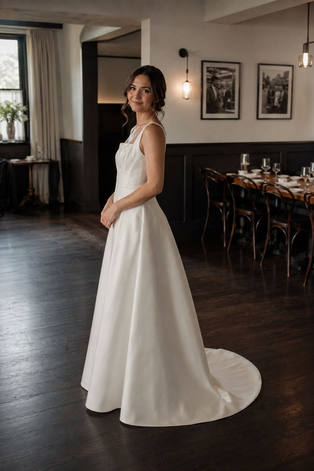 Side view of a square-neck A-line gown with a short sweep train in a small restaurant