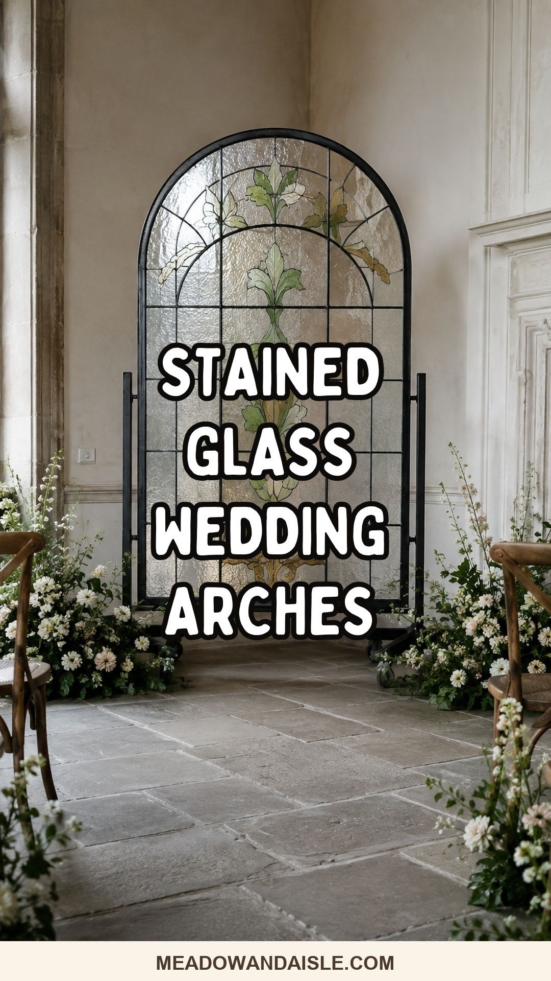 Pinterest pin with the title Stained Glass Wedding Arch Ideas