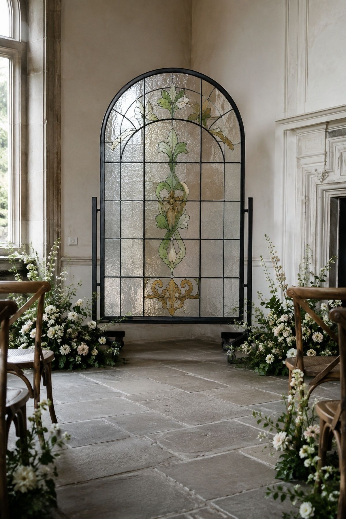 Freestanding stained glass panel as a ceremony backdrop