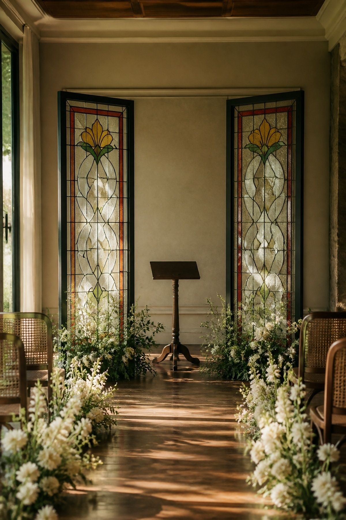 Two stained glass panels framing the couple