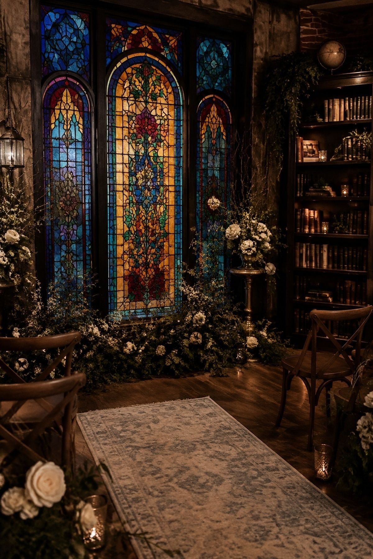 Jewel-toned stained glass backdrop
