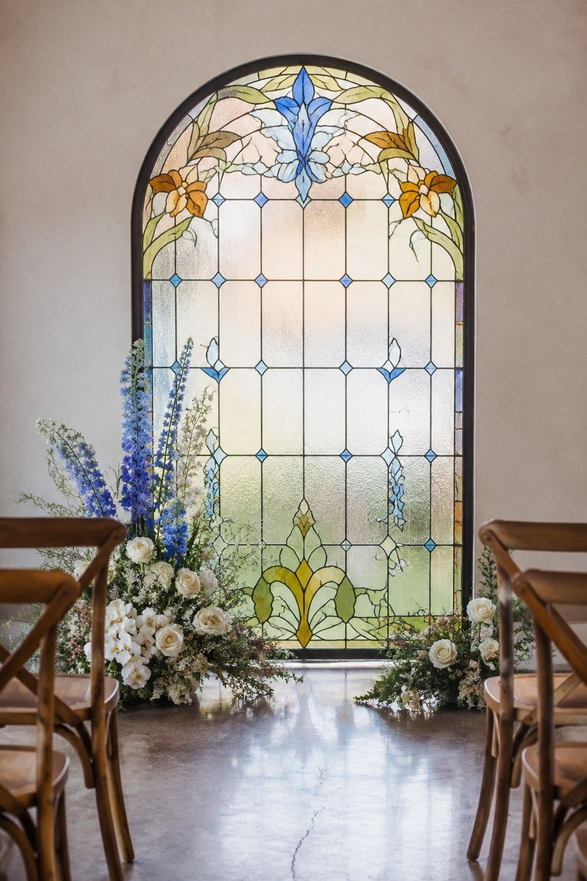 Stained glass arch with minimal flowers