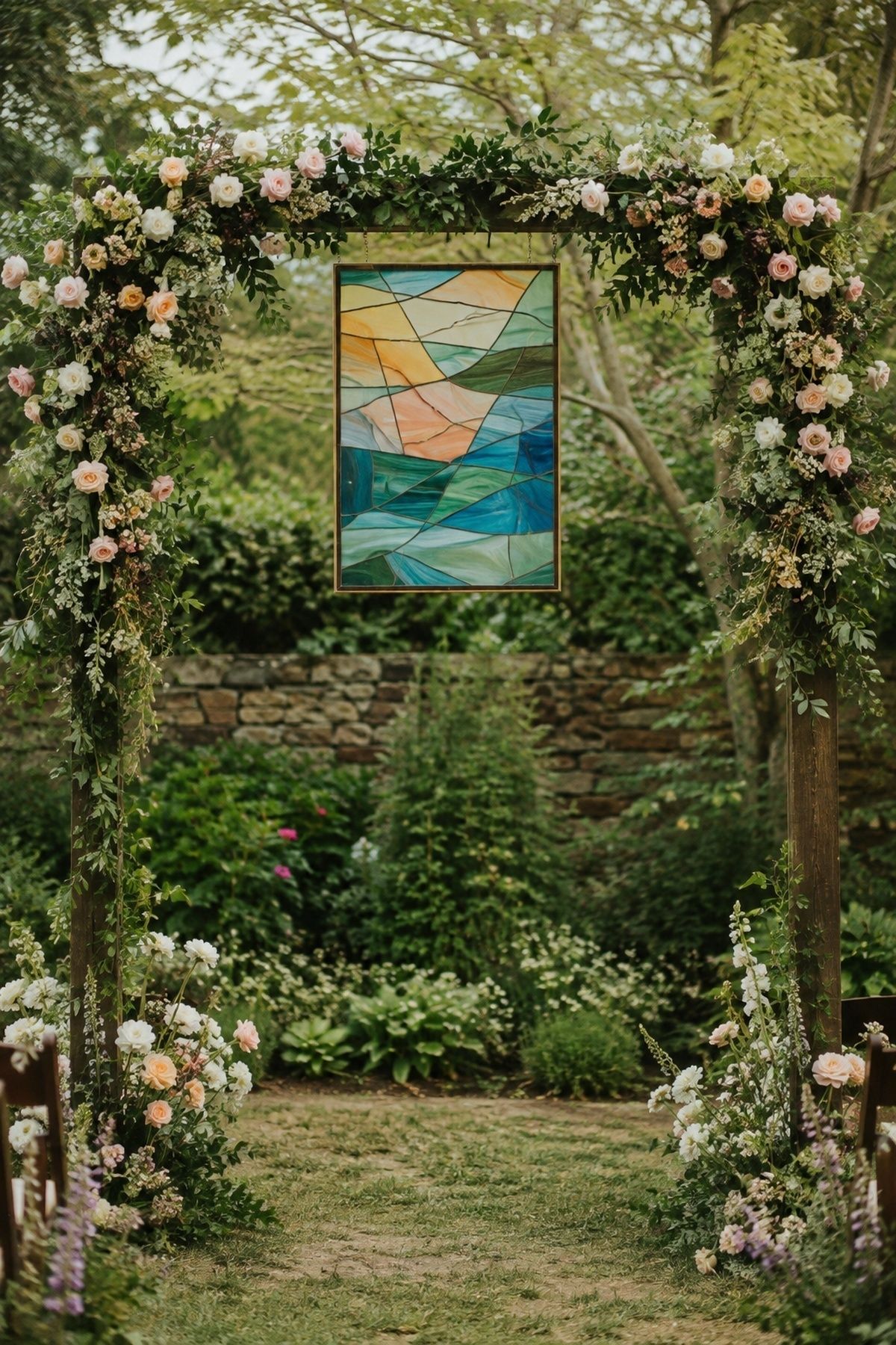 Floral arch with a stained glass centre panel