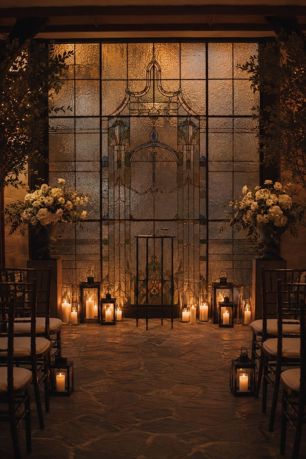 Candlelit stained glass ceremony backdrop