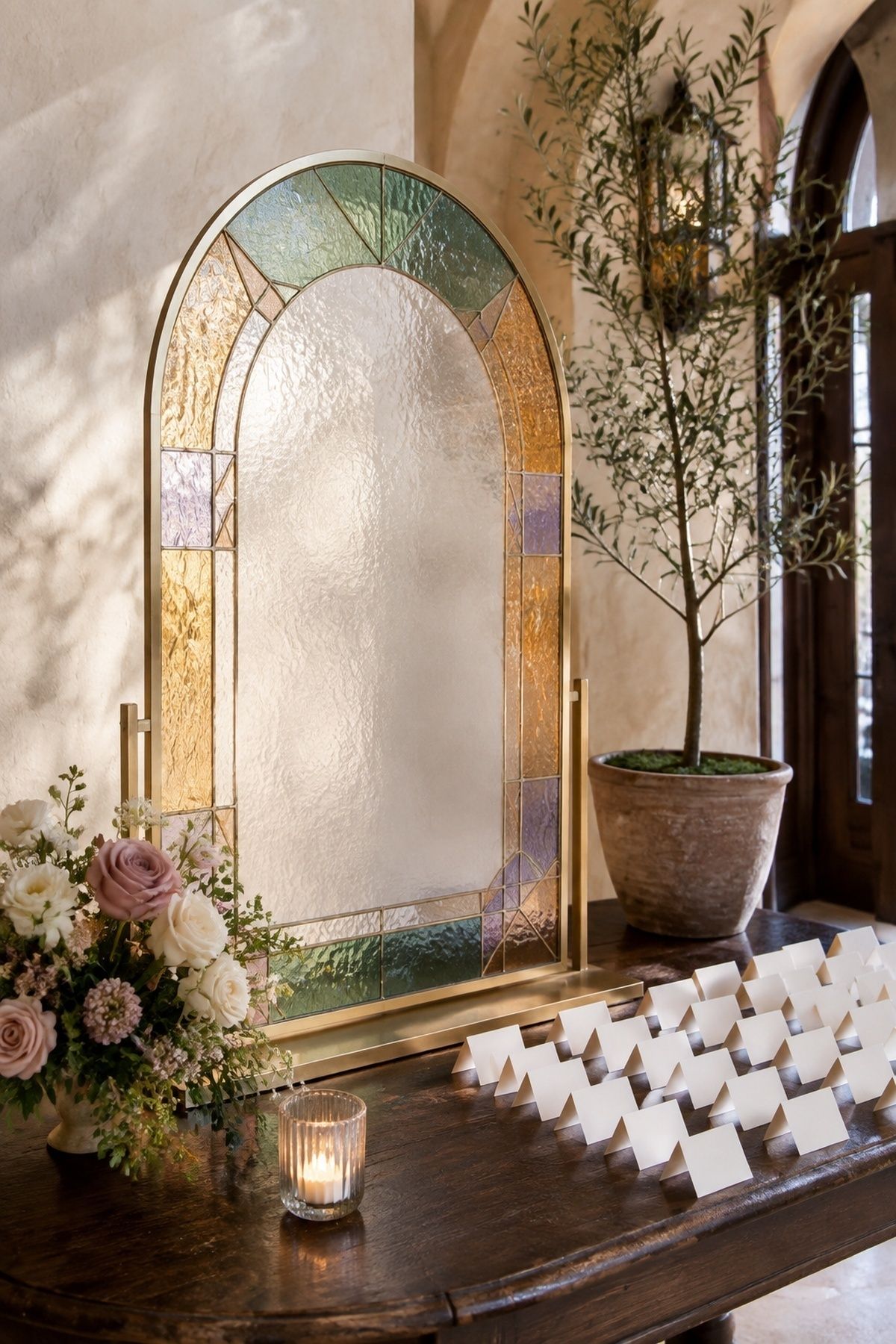 Stained glass-inspired seating chart and welcome sign