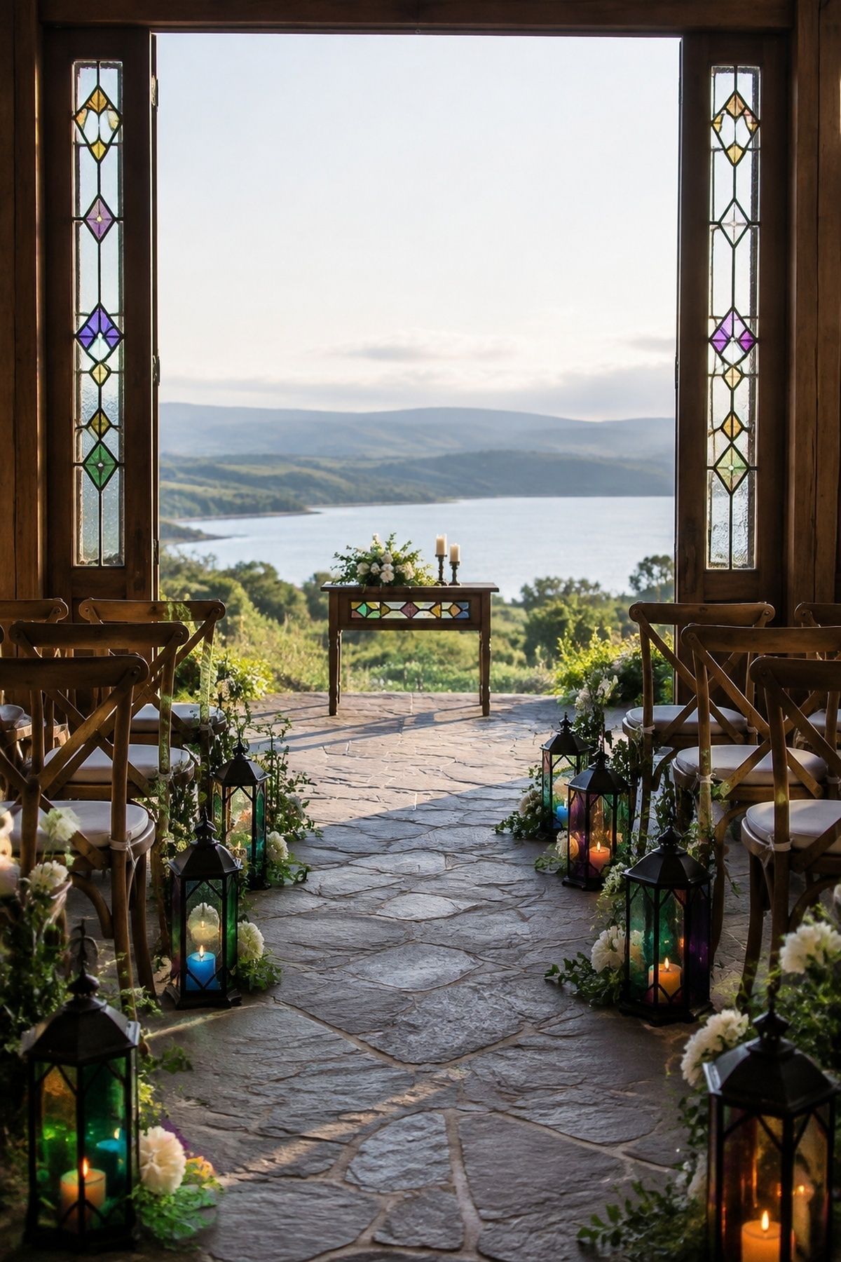 Minimal stained glass accent framing a scenic view