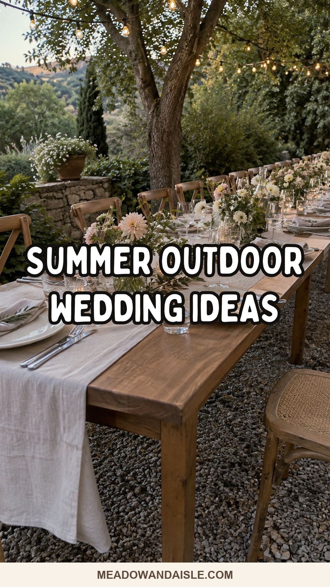 Summer outdoor wedding ideas Pinterest pin for Meadow & Aisle