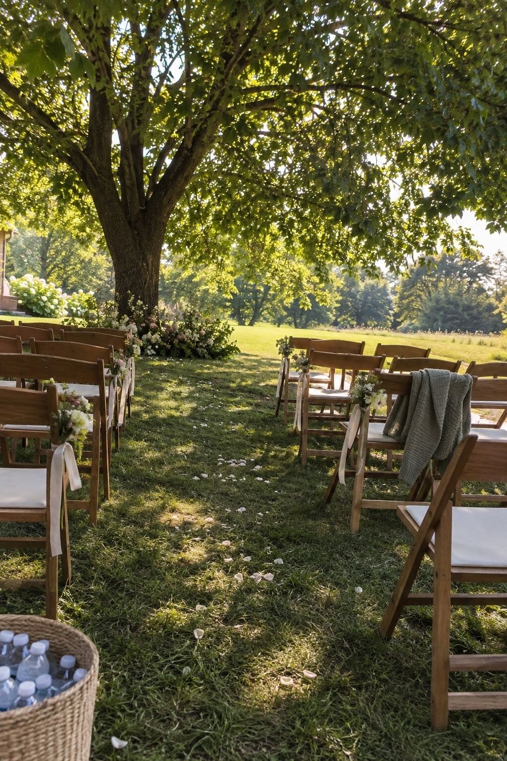 Small summer wedding ceremony seated in deep tree shade with a bright lawn beyond