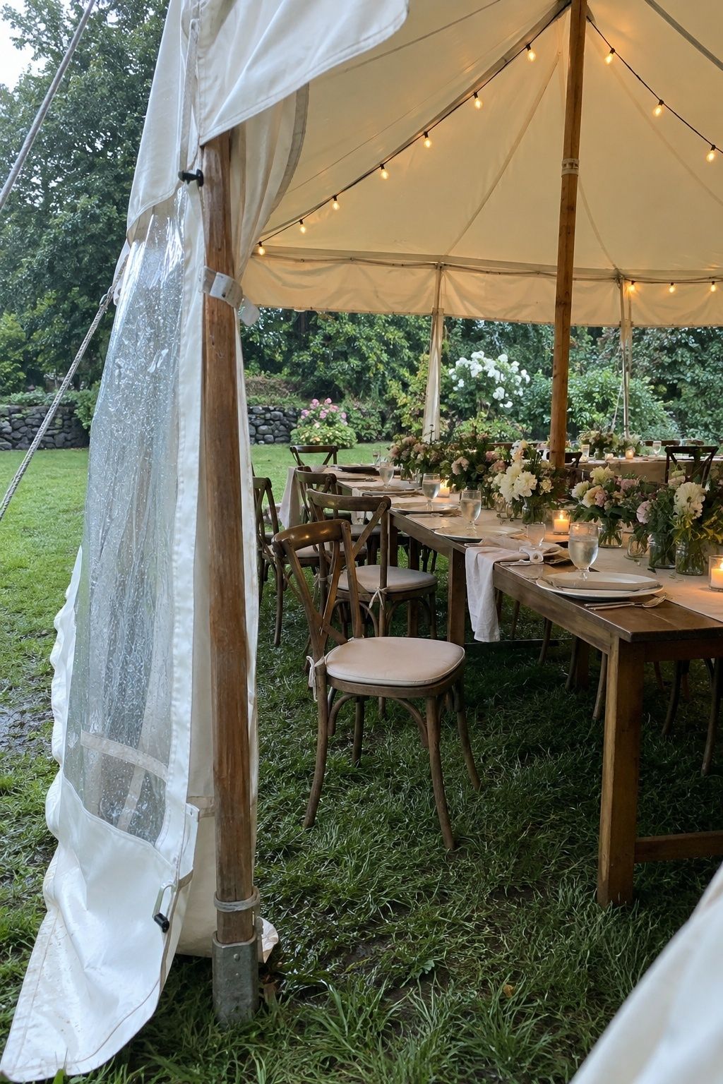 Small sailcloth wedding tent with a long dinner table and rain-ready clear side panel