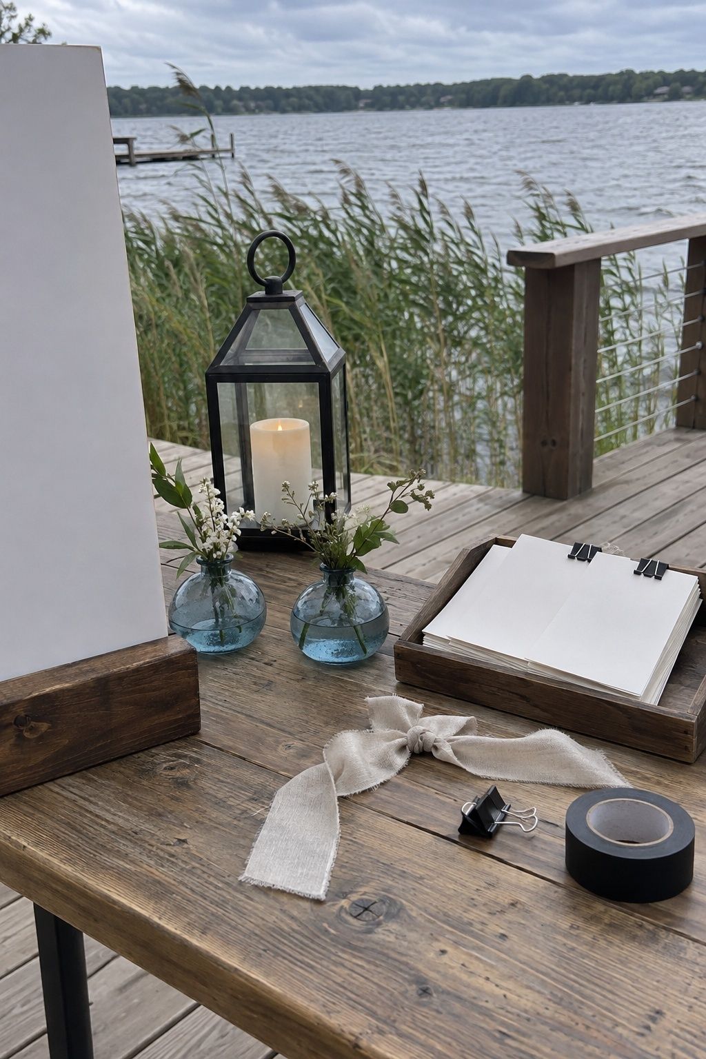 Lakeside wedding wind plan with weighted blank sign, clipped programs, enclosed lantern, and low flowers