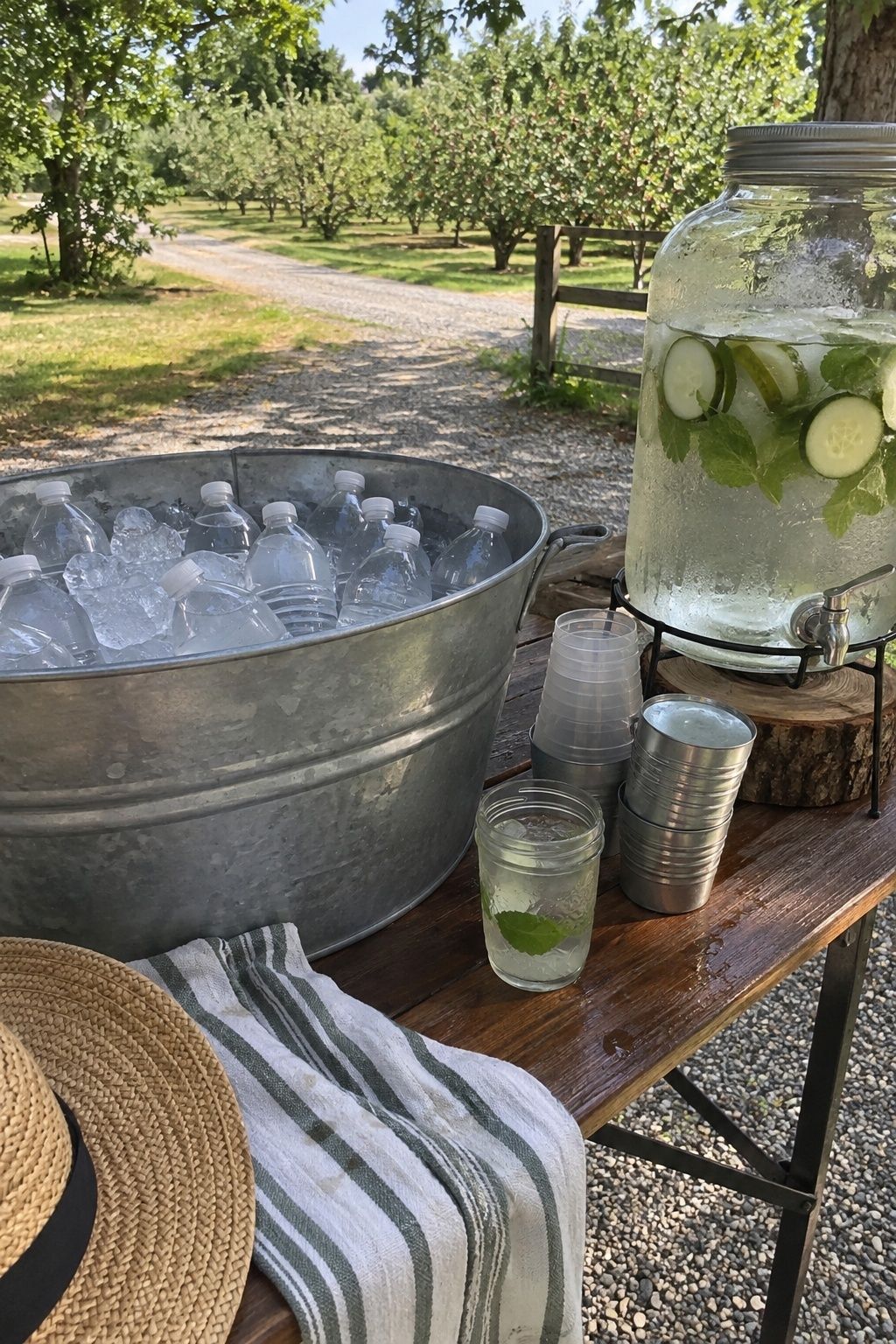 Backyard orchard wedding water station with chilled bottles and cucumber mint dispenser