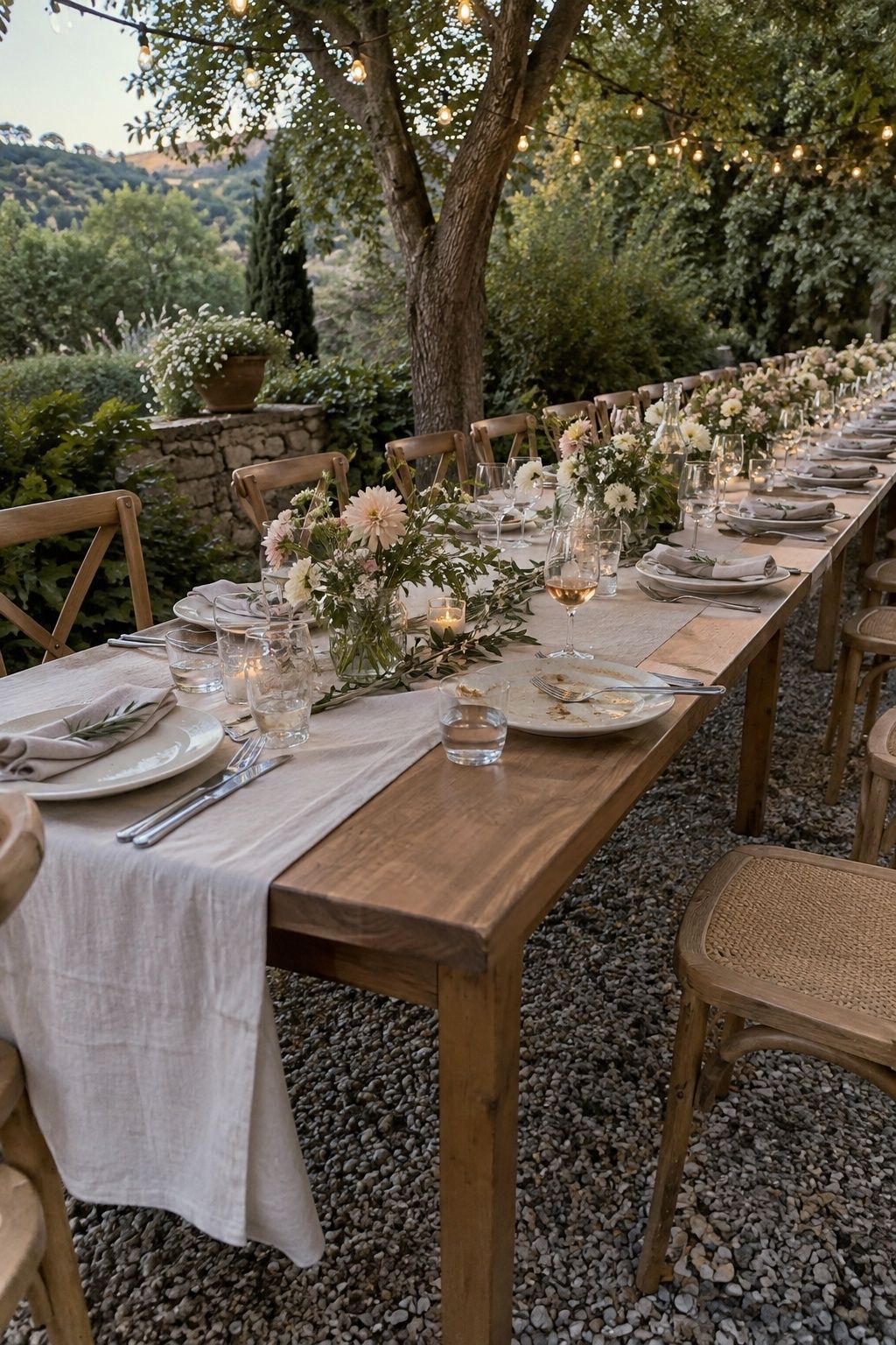 Long intimate outdoor wedding dinner table with low flowers and partly used place settings