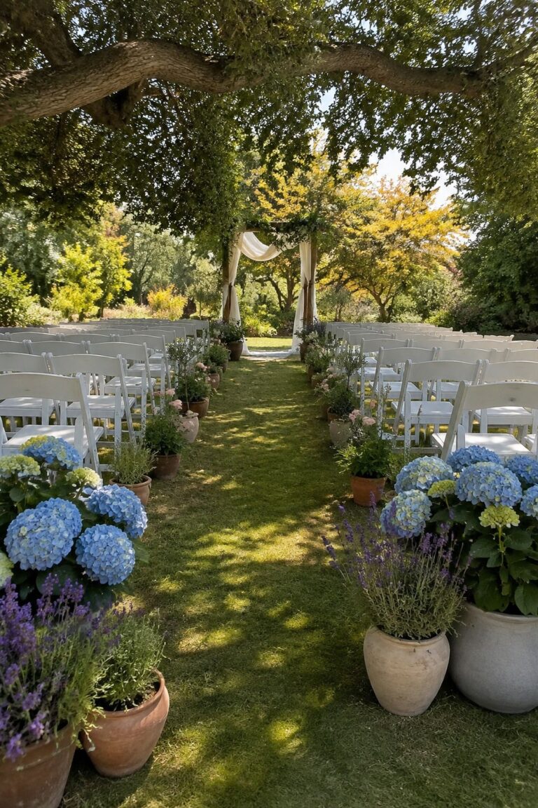 Potted flowers lining a summer wedding aisle with a clear ceremony walkway