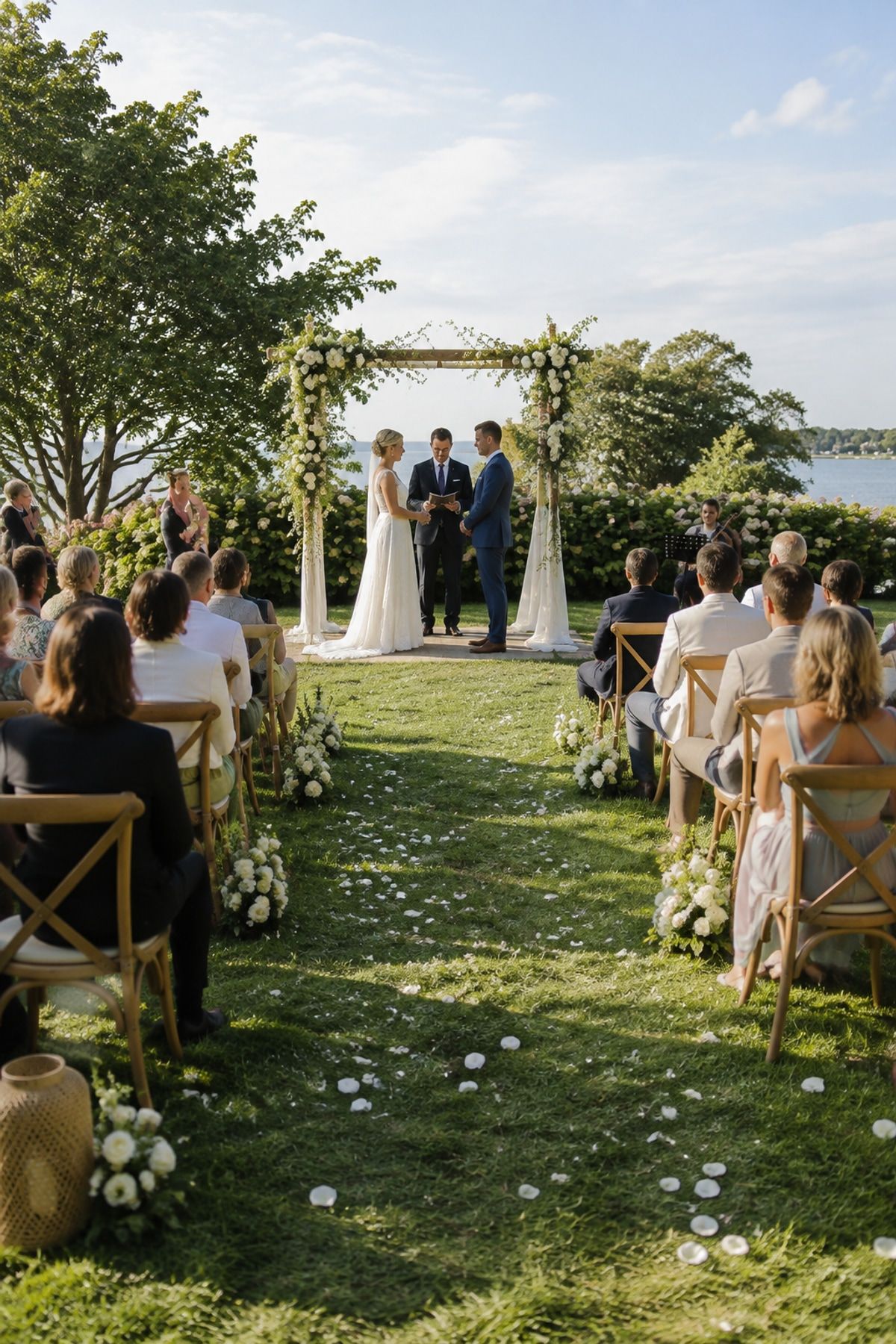 Outdoor ceremony layout around a summer wedding arch
