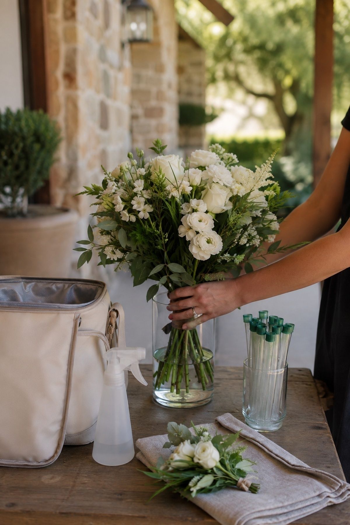 Bouquet kept fresh through a hot summer day