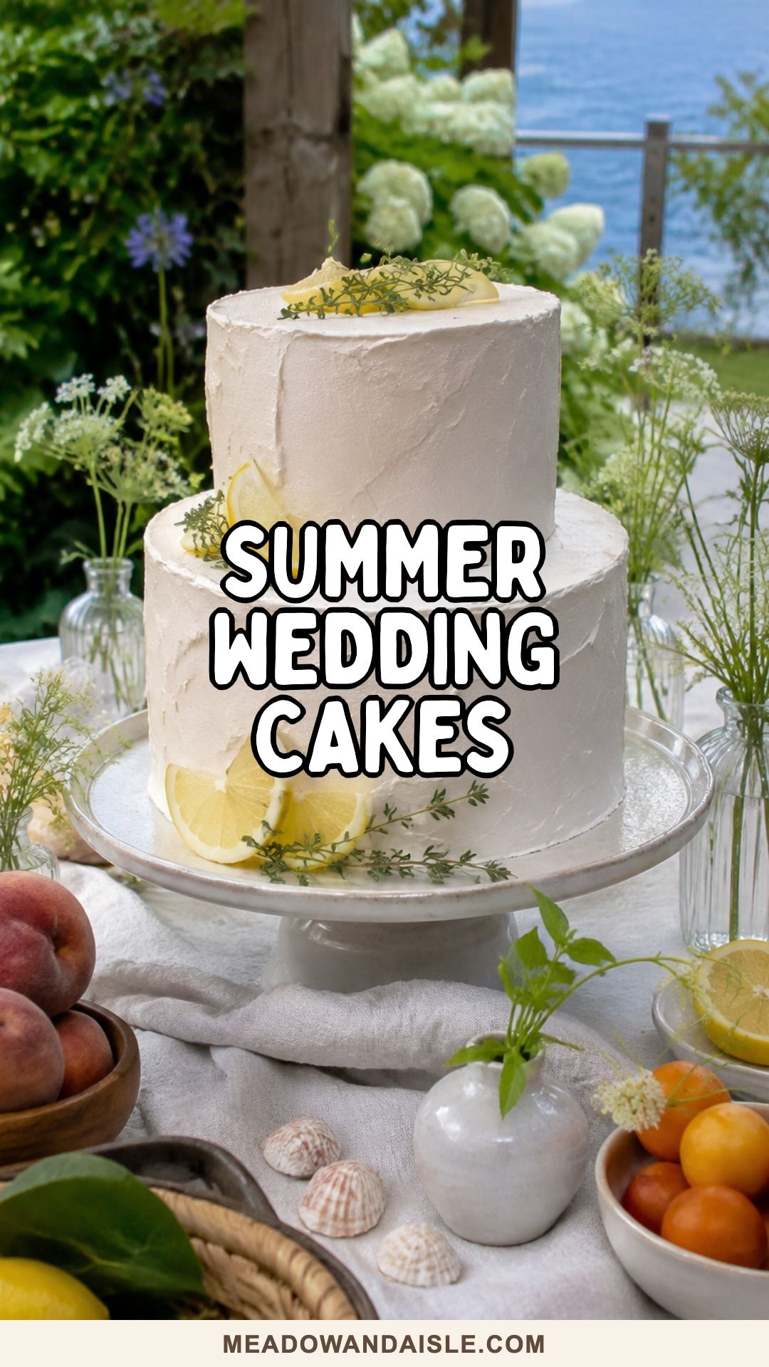 Pinterest pin for summer wedding cake ideas with a citrus cake table
