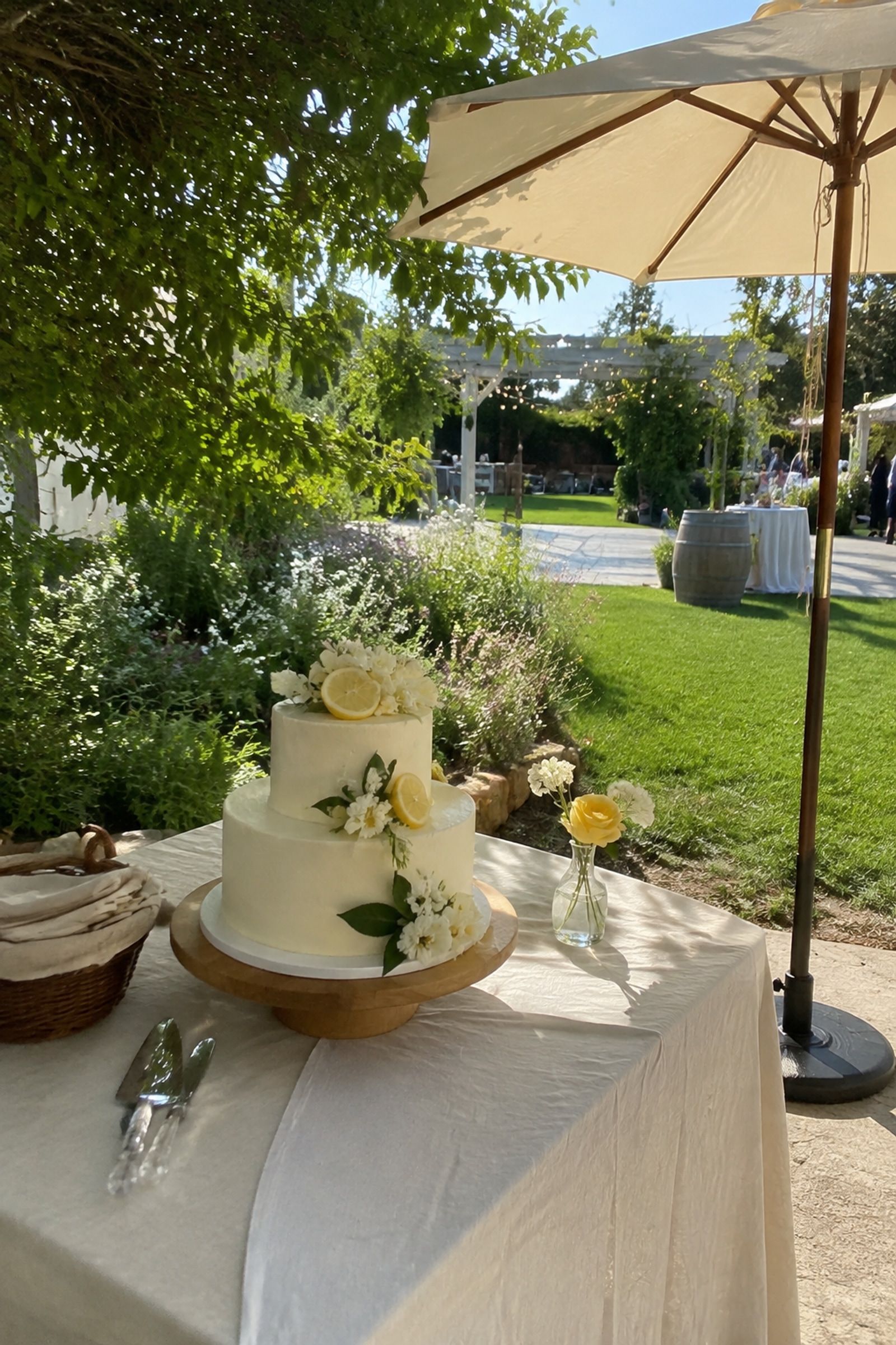 Summer wedding cake kept in the shade away from heat