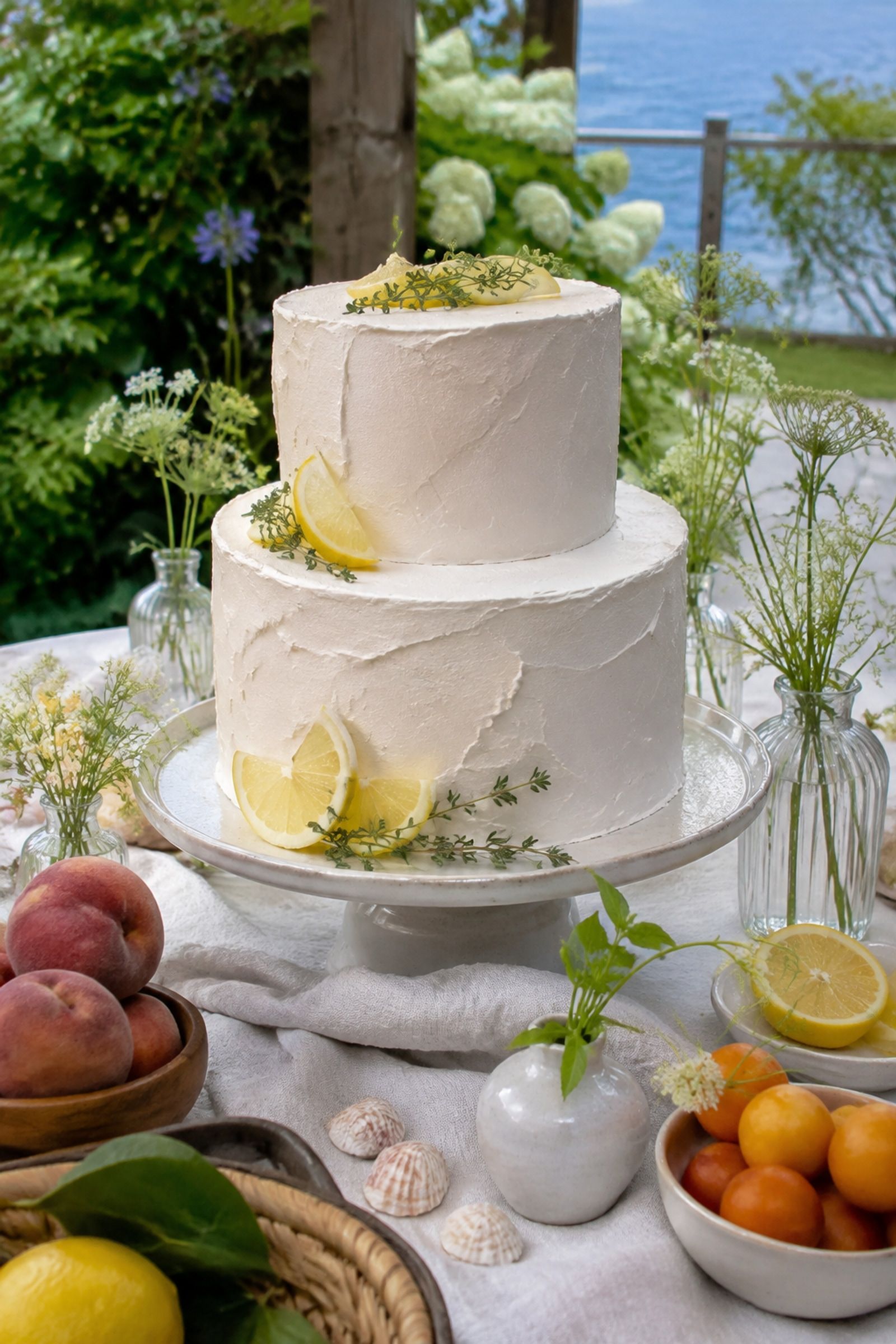 Summer tablescape around a wedding cake