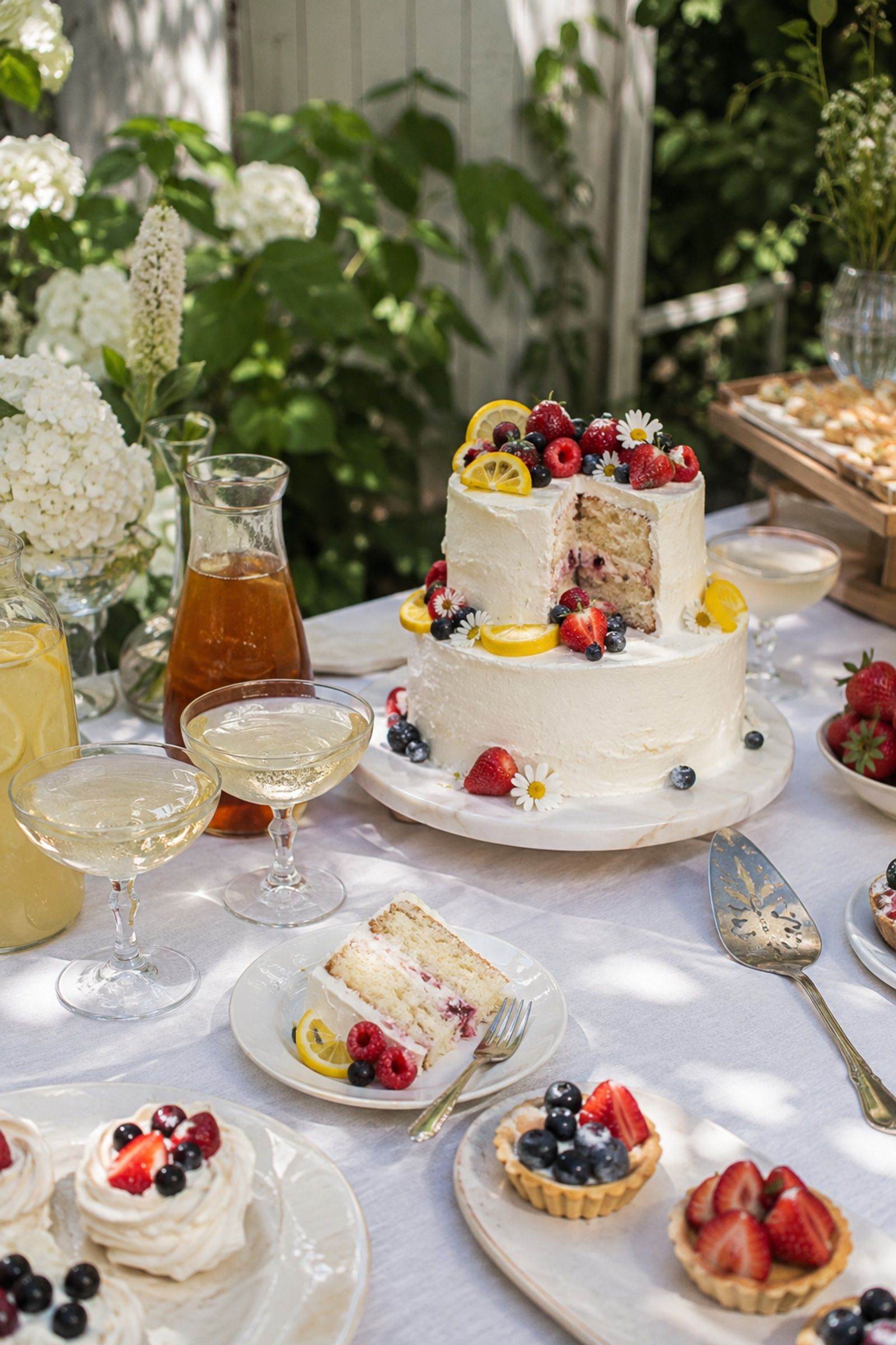 Summer wedding menu and drinks served with cake