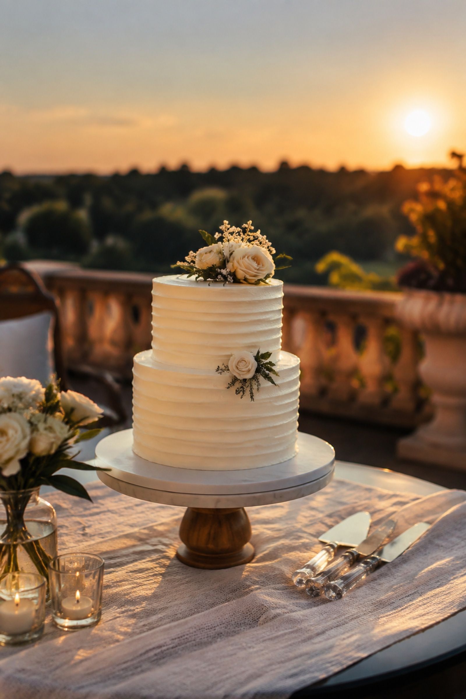 Summer wedding cake in sunset photos