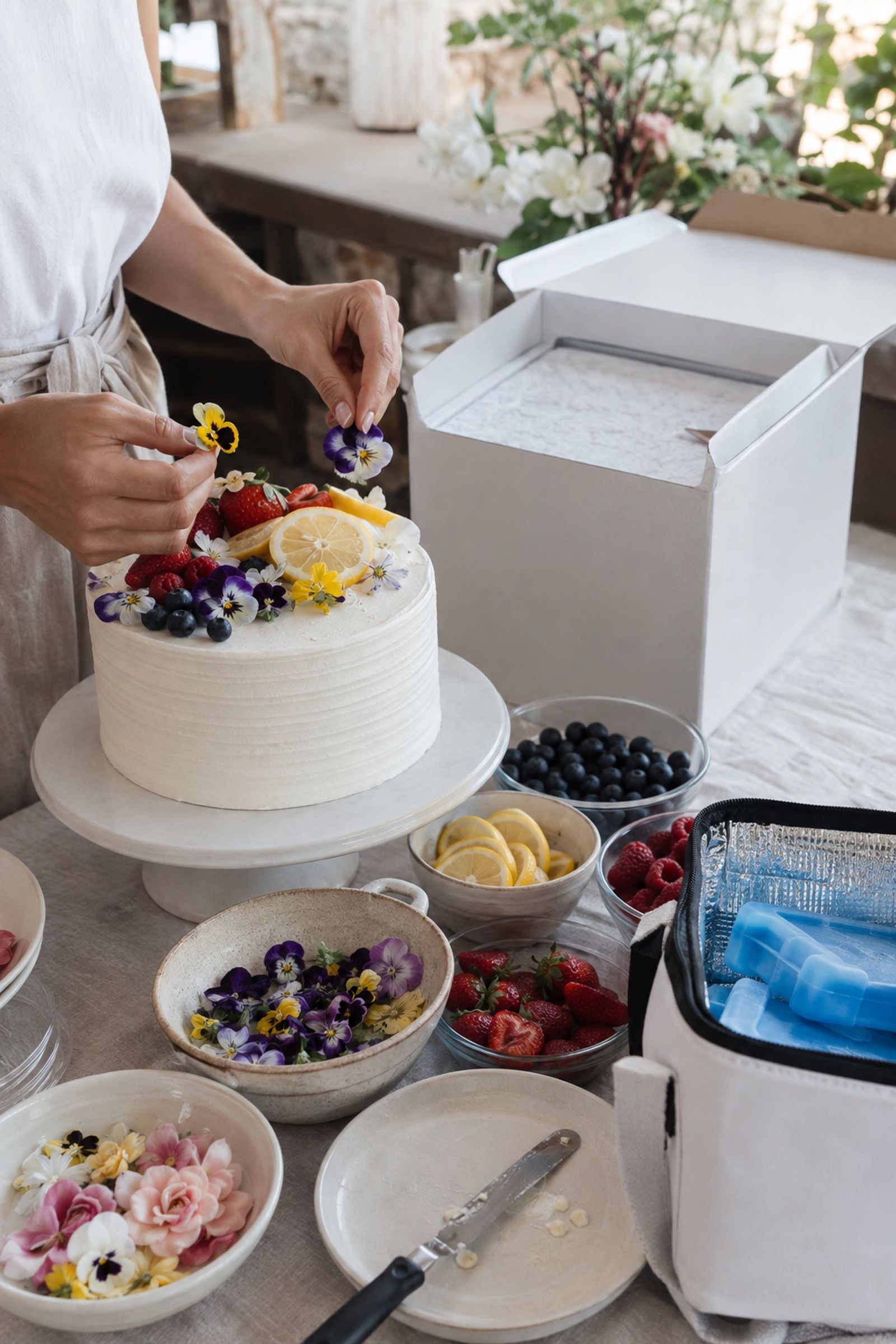 Heat-friendly frosting, flowers and fillings on a summer cake